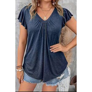 Womens Plus V-Neck Solid Ruffle Ruched Fit Basic Top Navy Blue XL